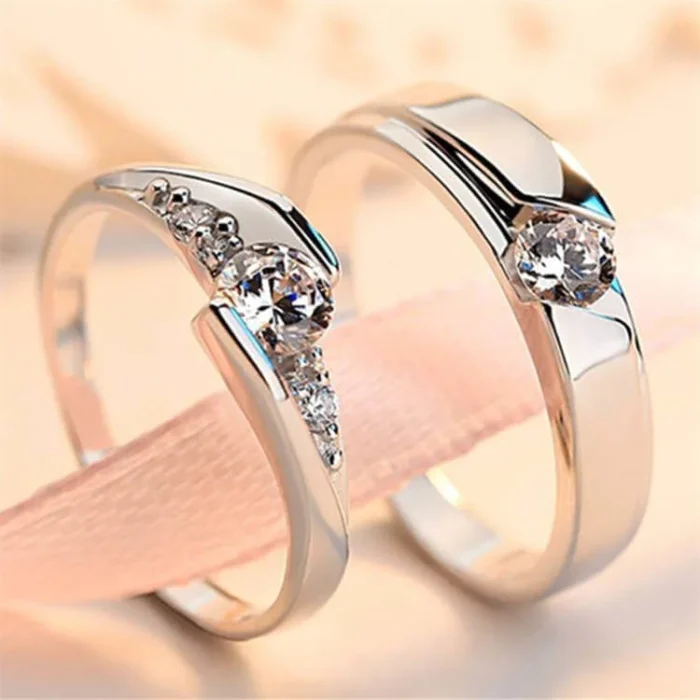 Silver Plated Crystal Rhinestone Couple Rings - Image 1
